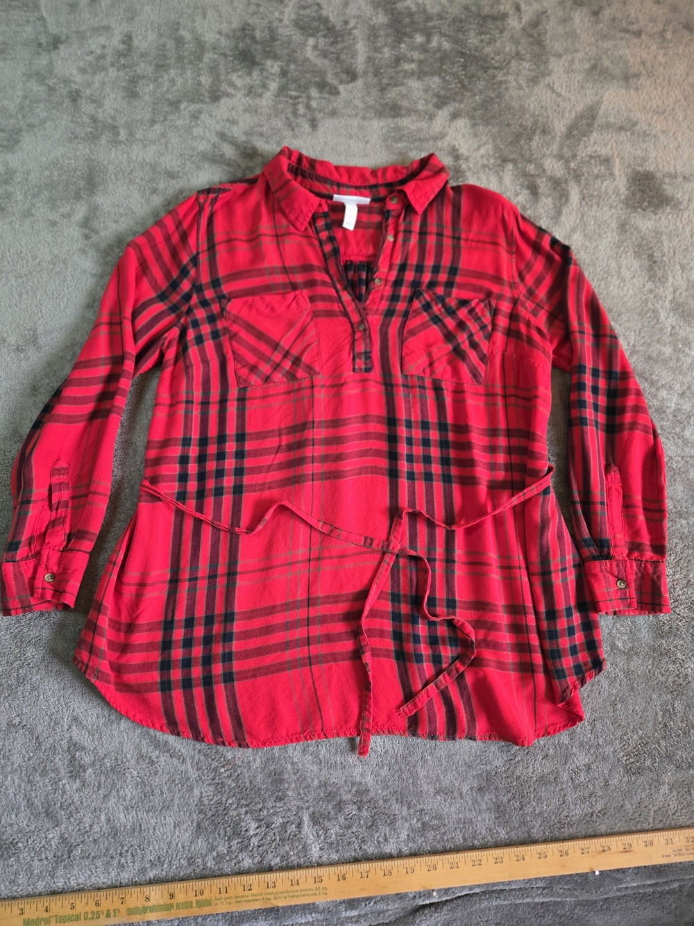 Liz Lange Target Maternity Red Plaid Flannel Tunic Top Shirt Size L Belted